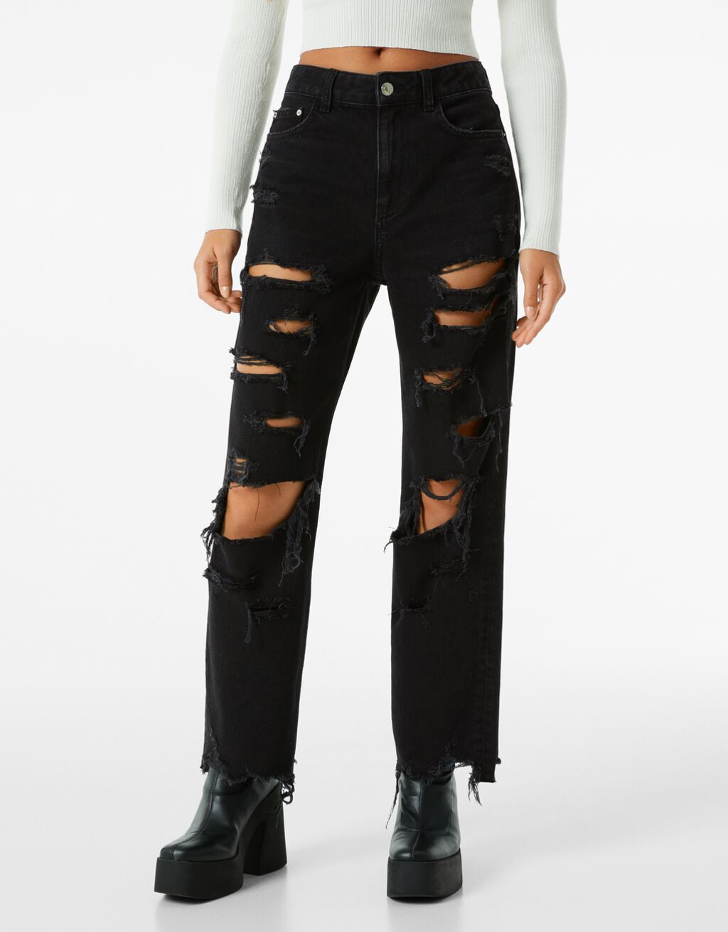 Cropped jeans in recht model met scheuren