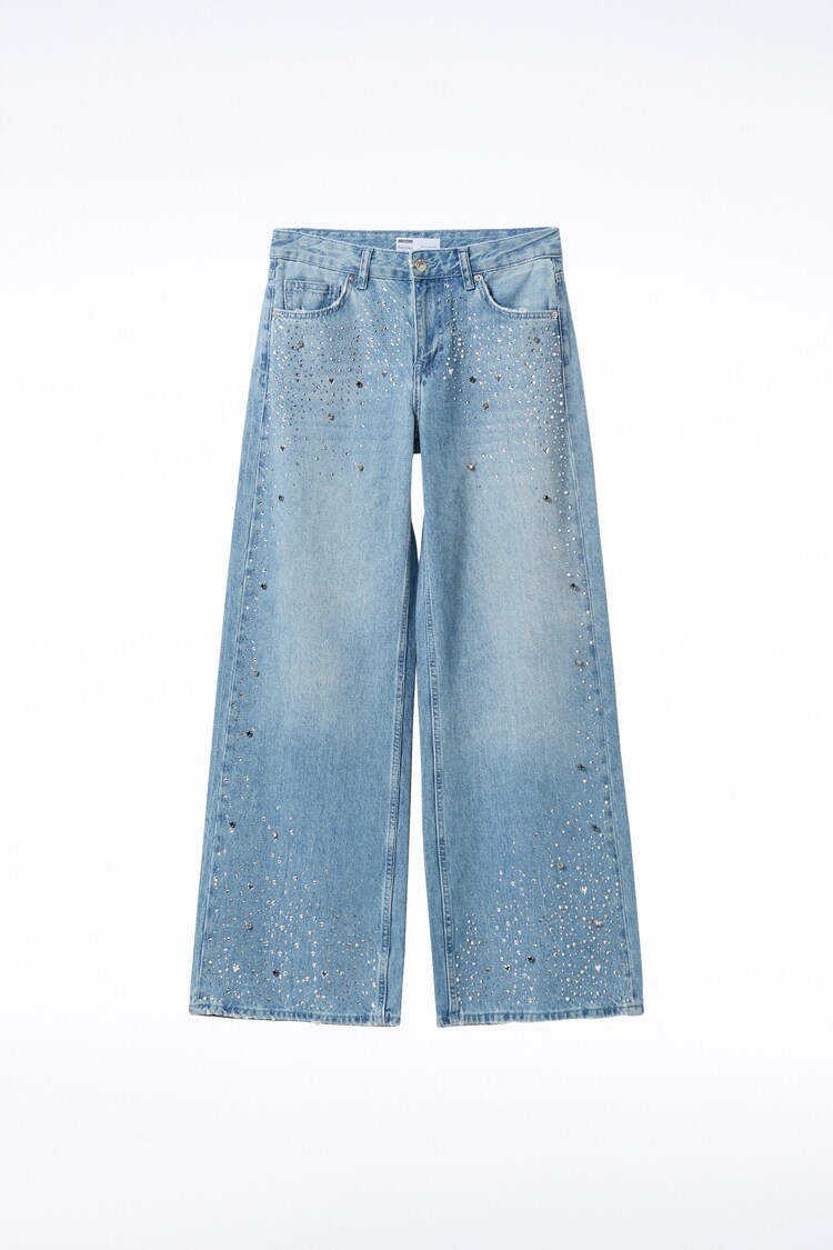 Low waist wide-leg jeans with rhinestones