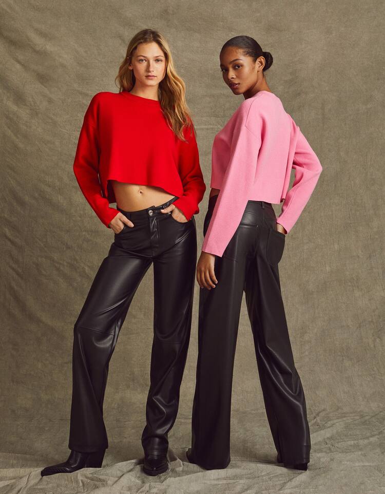 Tailored straight fit faux leather trousers with vents
