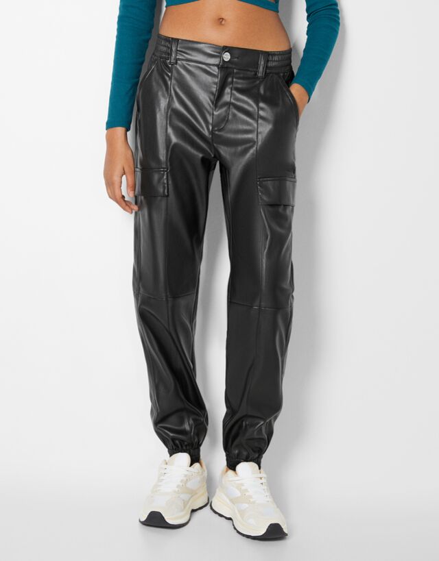 bershka faux leather joggers