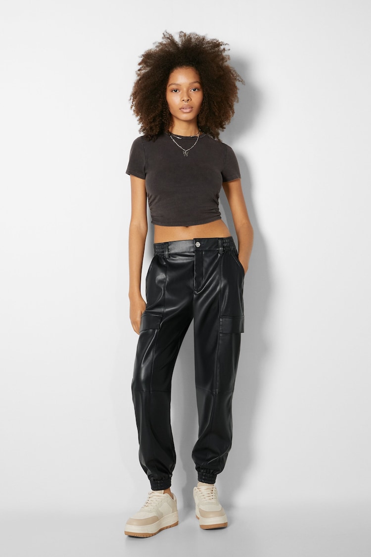 Faux leather cargo joggers