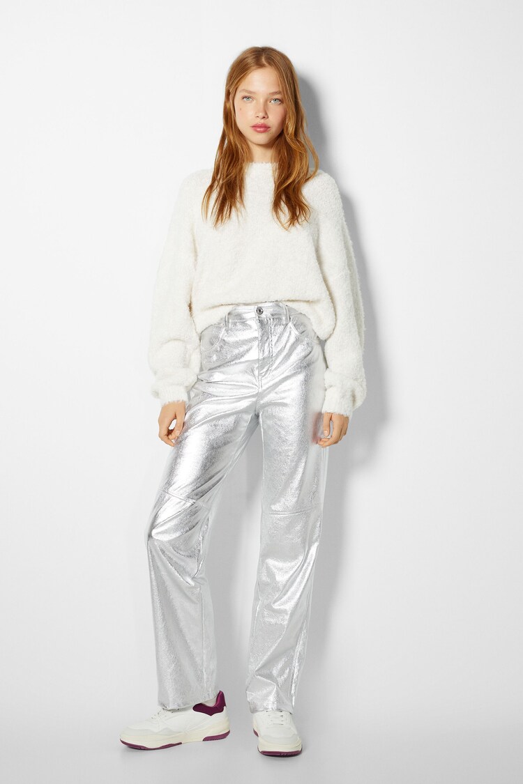 Metallic faux leather straight fit trousers