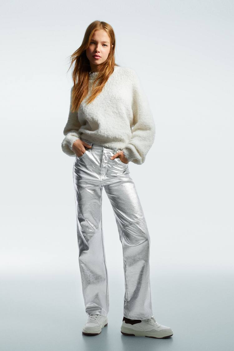 Metallic faux leather straight fit trousers