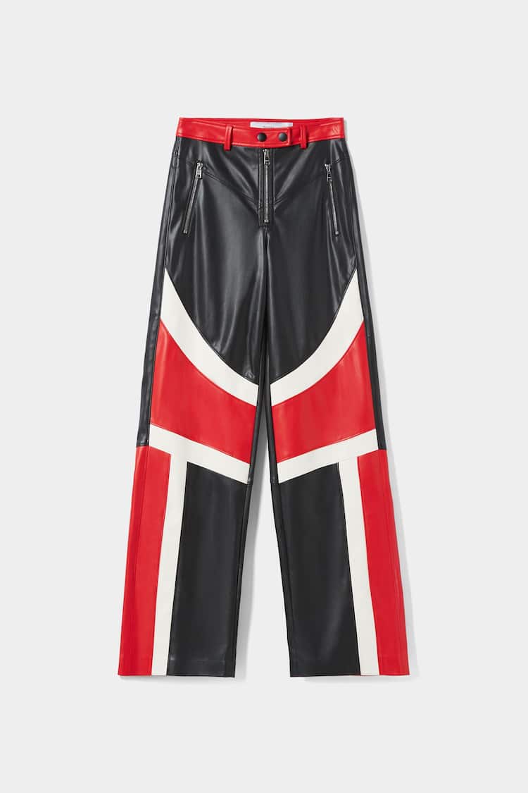 Wide-leg faux leather racing trousers