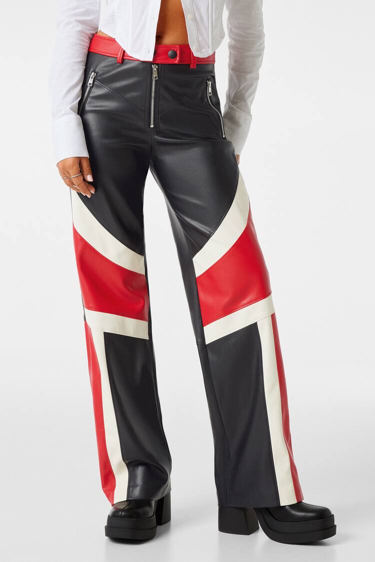 Wide-leg faux leather racing trousers