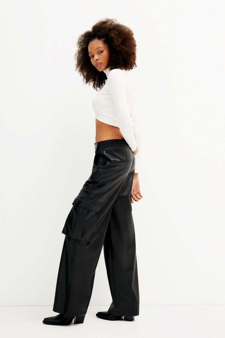 Faux leather straight fit cargo trousers