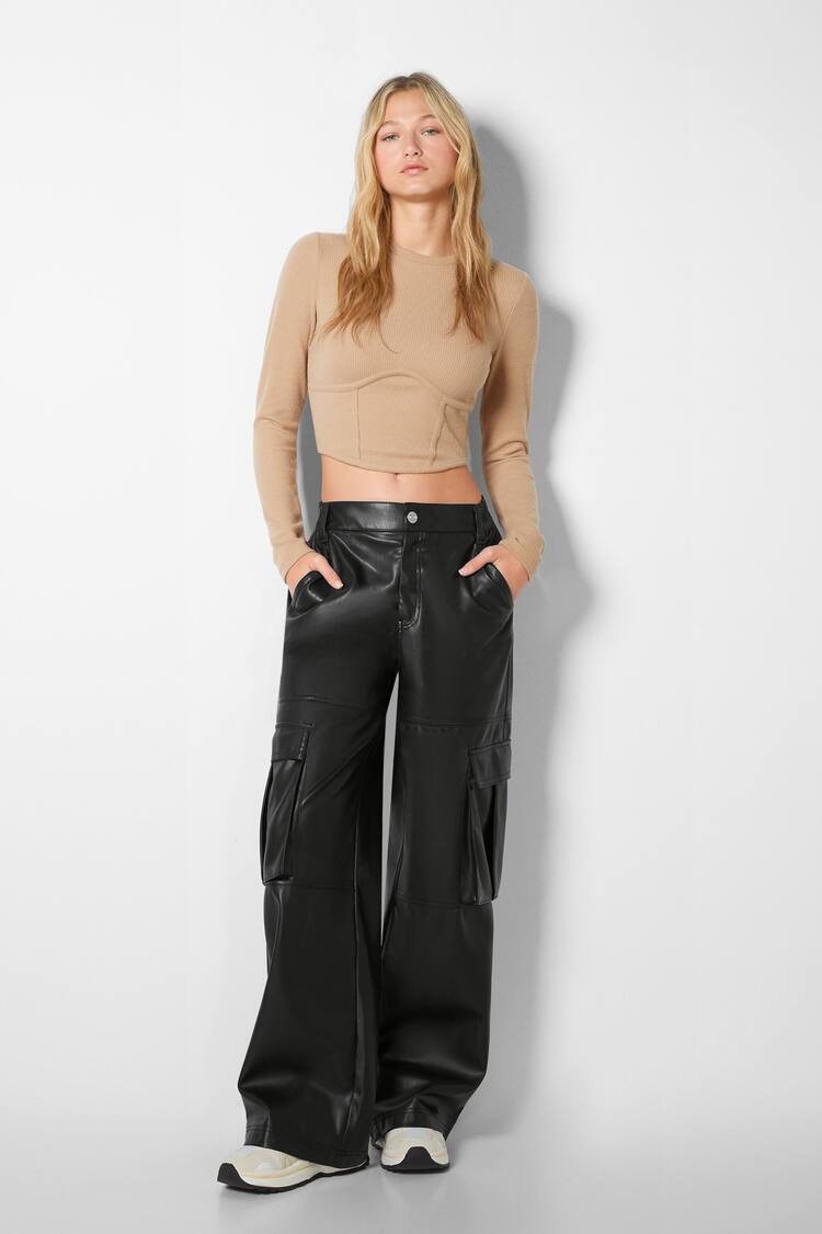 Faux leather straight fit cargo trousers