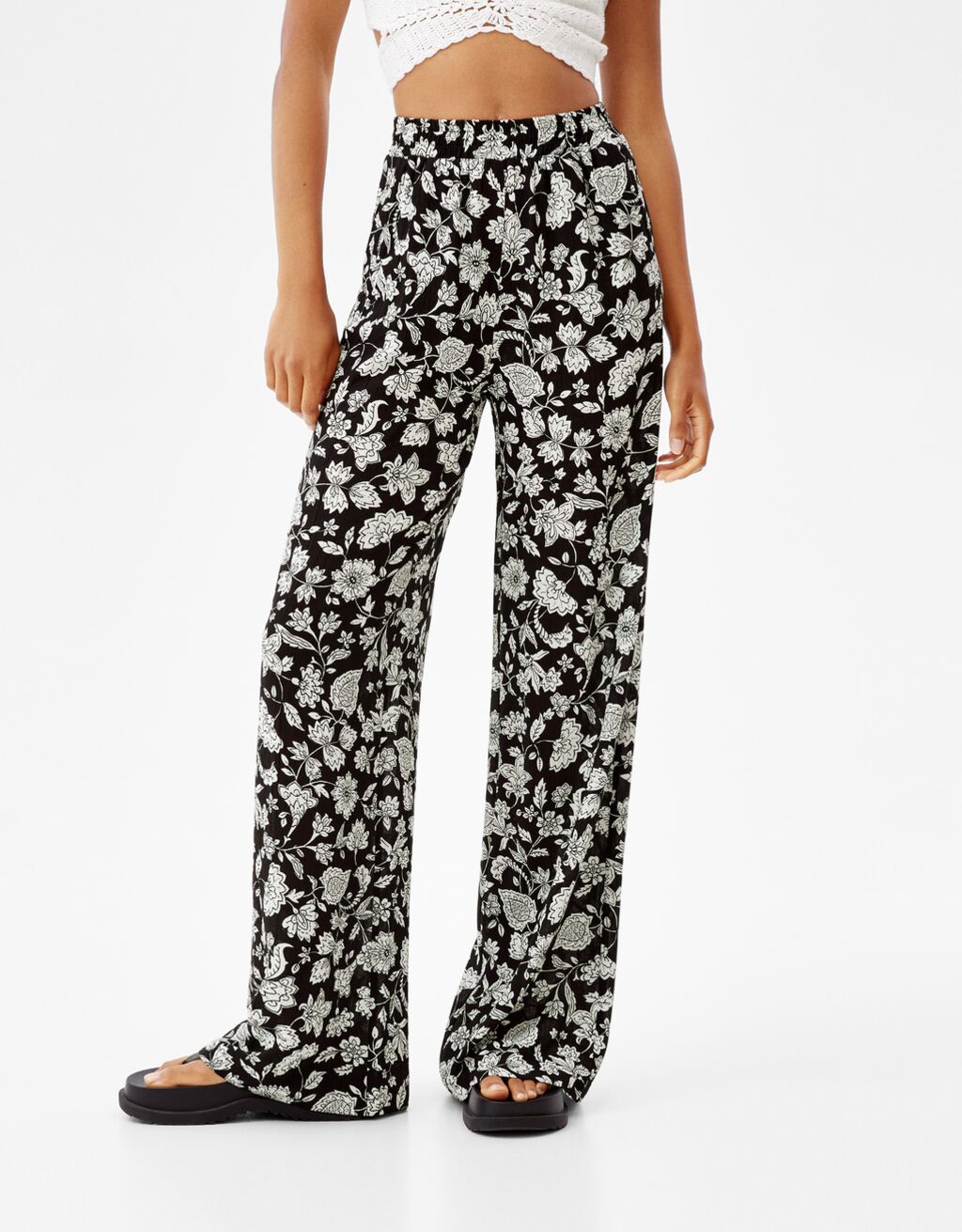 Wide-leg flower-print crepe trousers