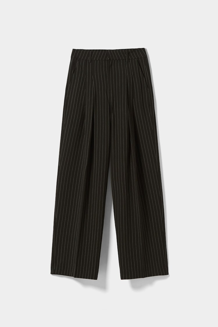 Wide-leg pinstriped tailored trousers
