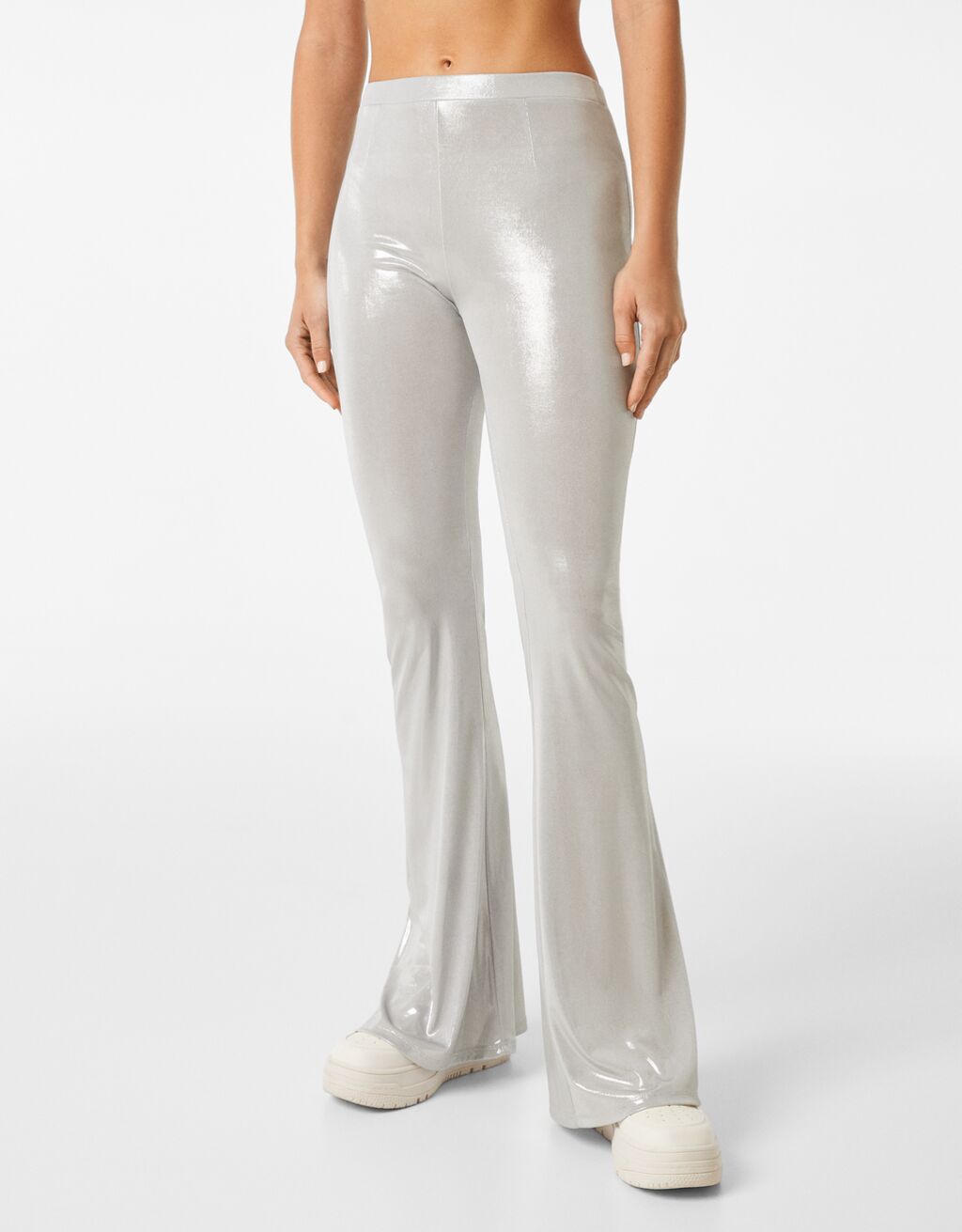 Flared silver foil trousers
