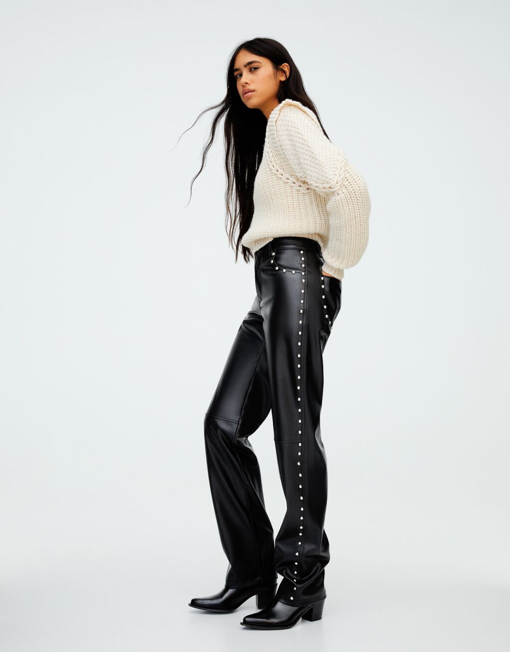 Studded faux leather straight fit trousers