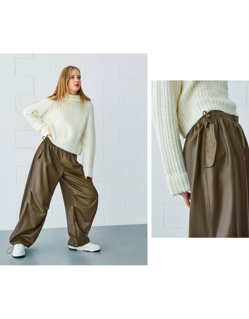 Faux leather parachute trousers with stoppers