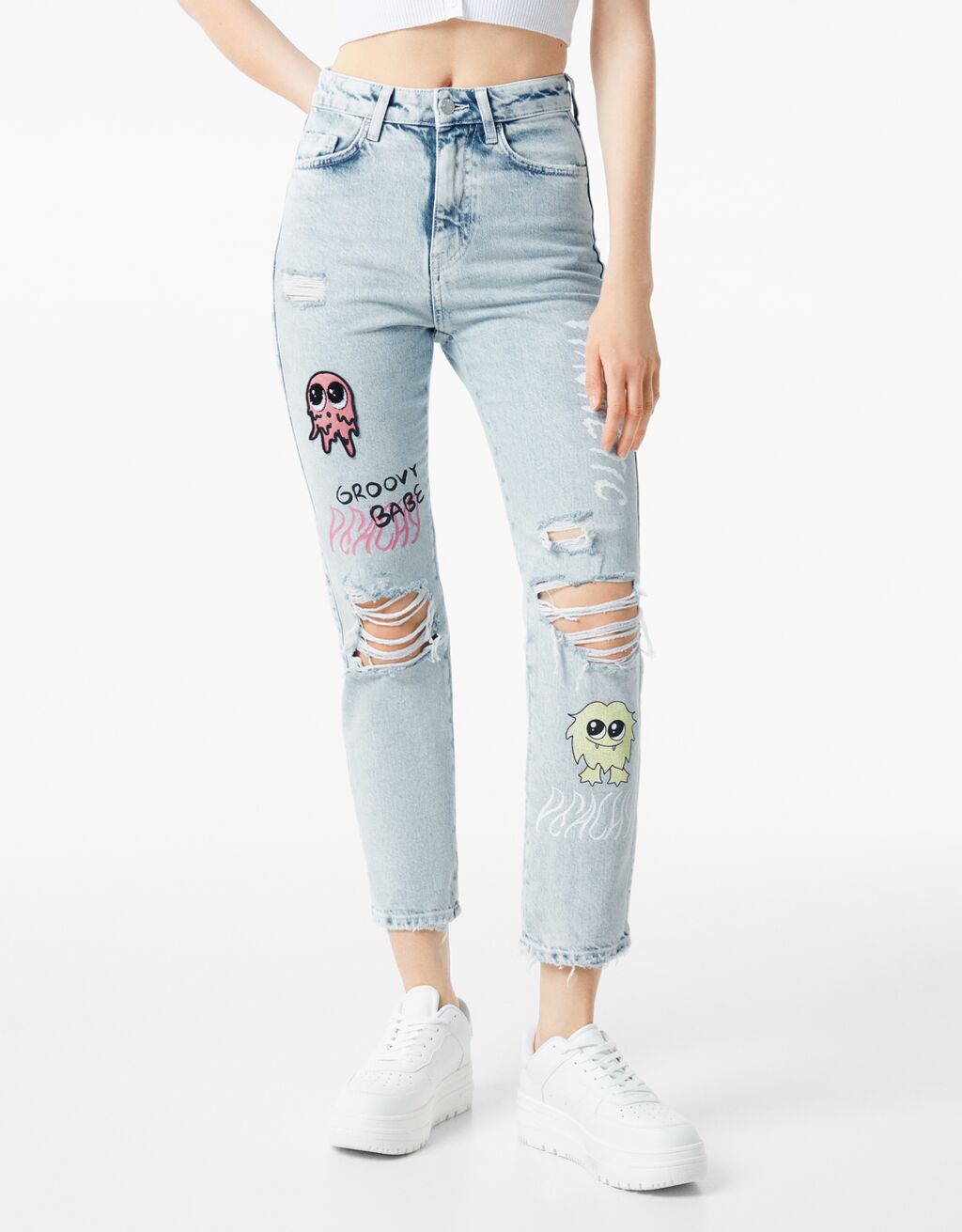 Recht model jeans met patches en print