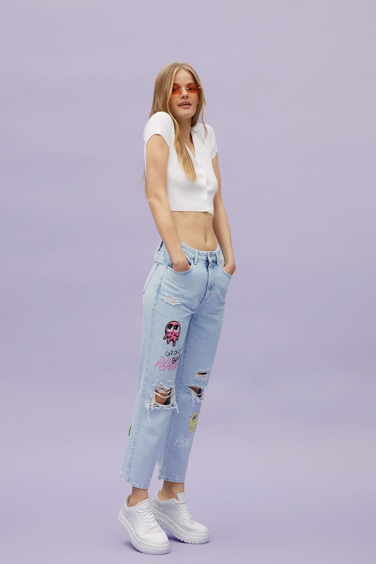 Jeans straight remendos print