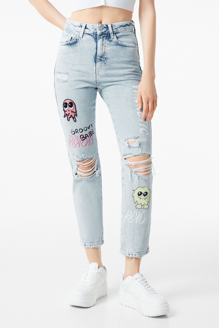 Straight fit jeans with patches and print
