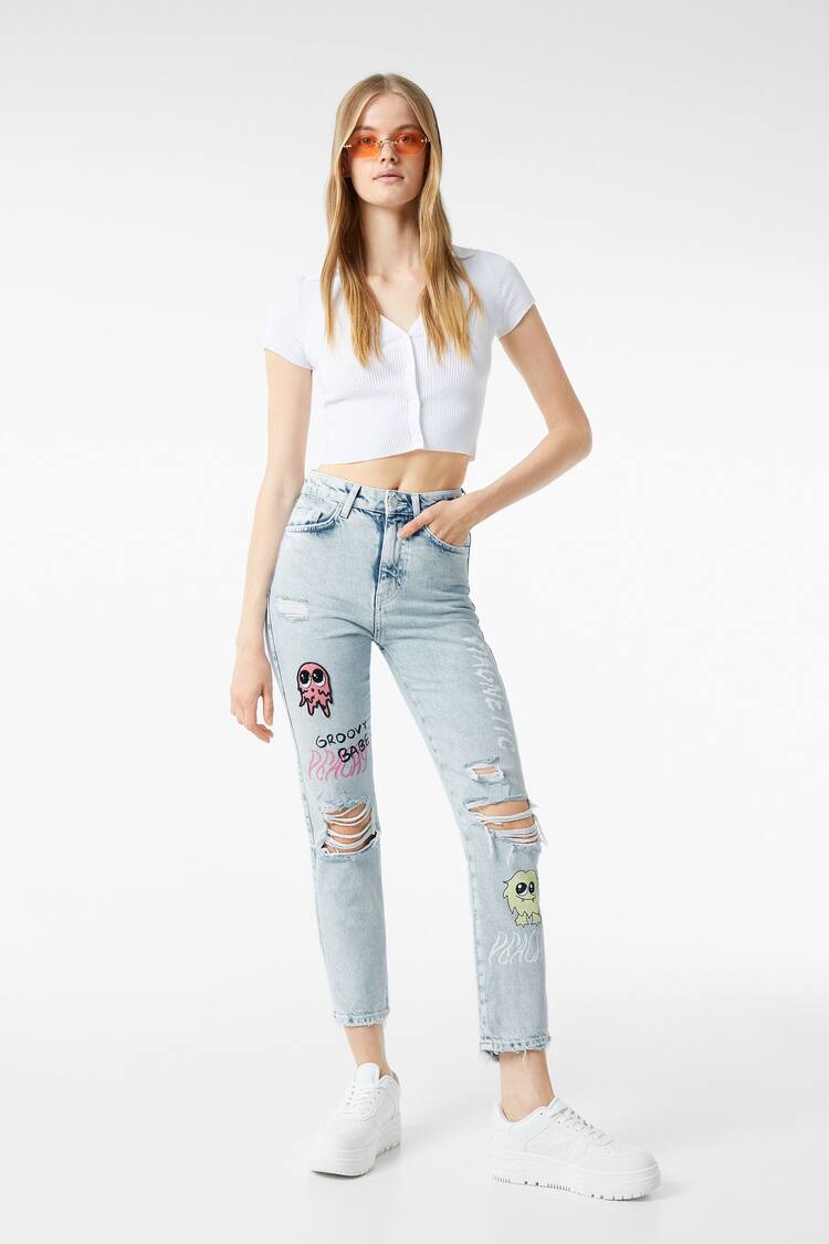Jeans straight parches print