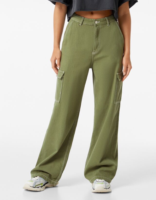 wide leg khaki cargo pants