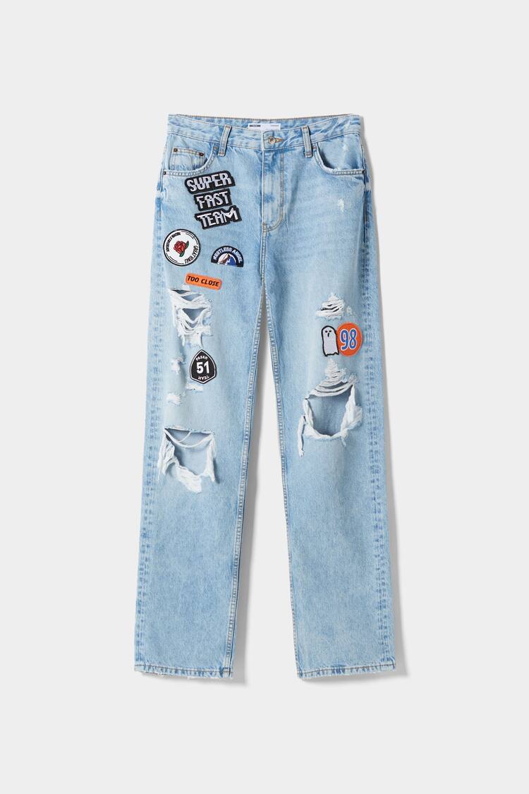 Ripped straight-leg jeans with patches