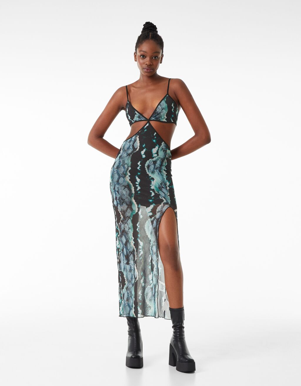 Printed tulle cut-out strappy midi dress