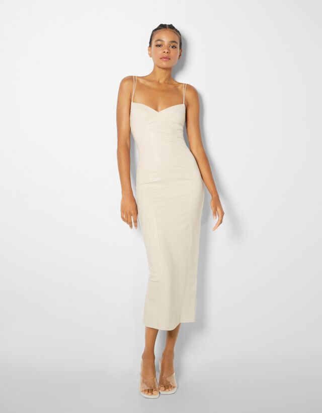 Bershka Strappy Midi Dress with Snakeskin Print Women XS Cream