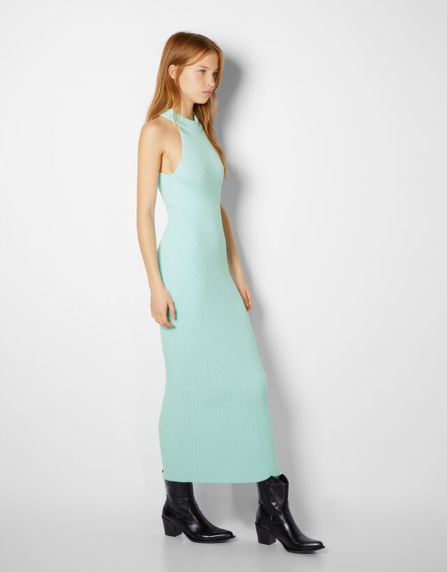 Bershka Ribbed Sleeveless Midi Dress with High Neck Women M Green