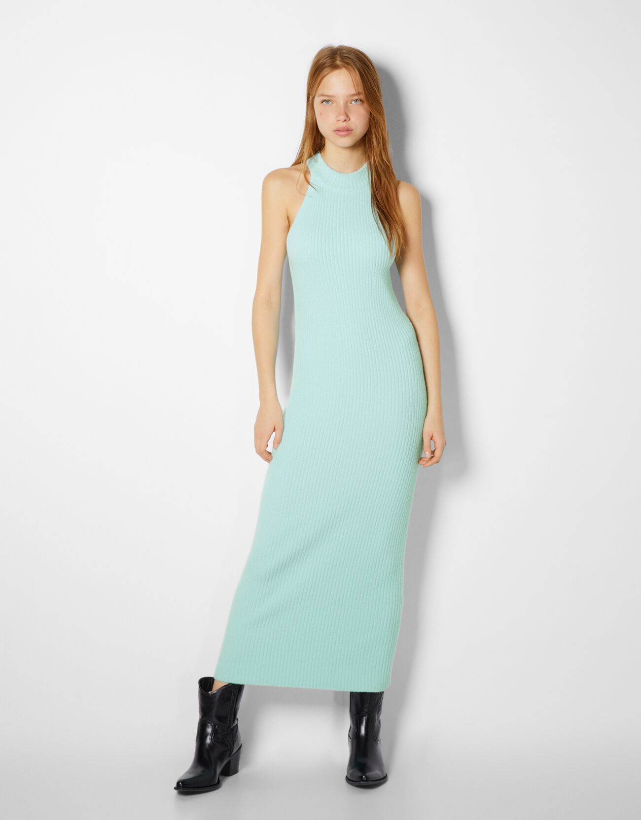 Bershka Ribbed Sleeveless Midi Dress with High Neck Women M Green