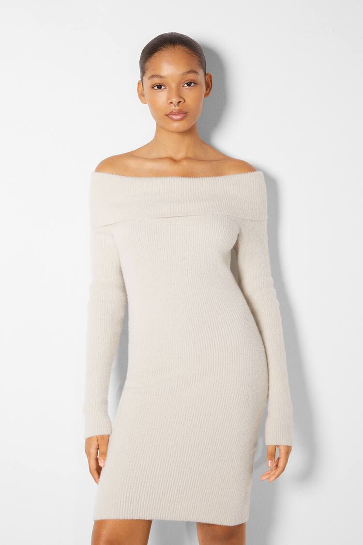 Bardot neckline knit mini dress