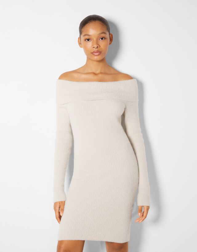 Bardot neckline knit mini dress 