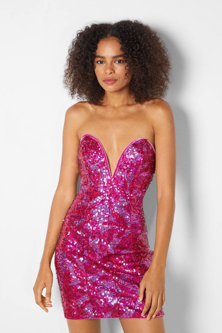 Sleeveless low-cut mini dress with sequins