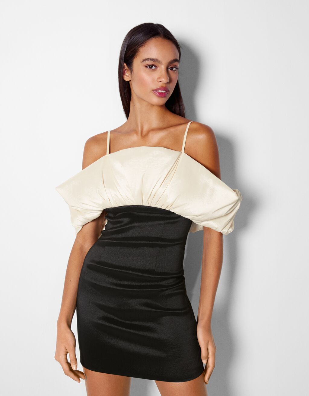 Panelled mini dress with a gathered neckline