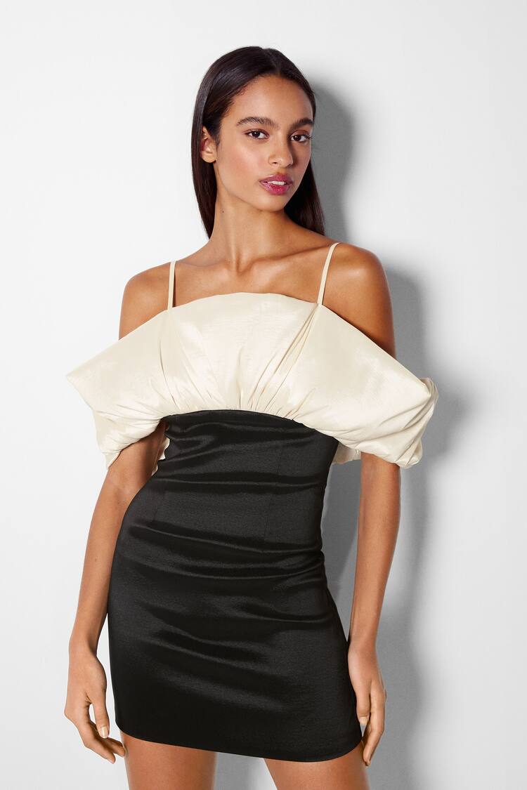 Panelled mini dress with a gathered neckline