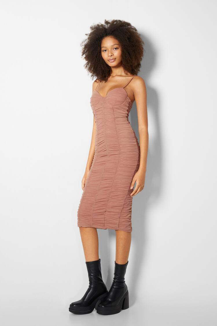Gathered tulle midi dress with straps