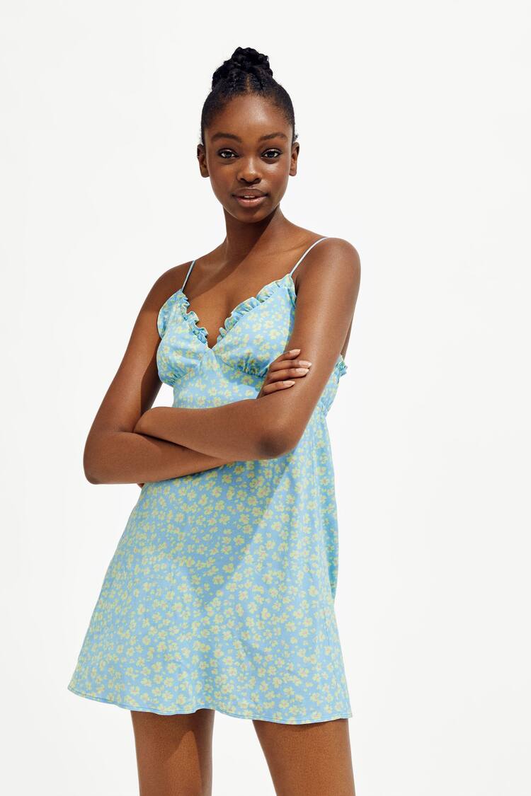 Floral print mini dress with thin straps and neckline