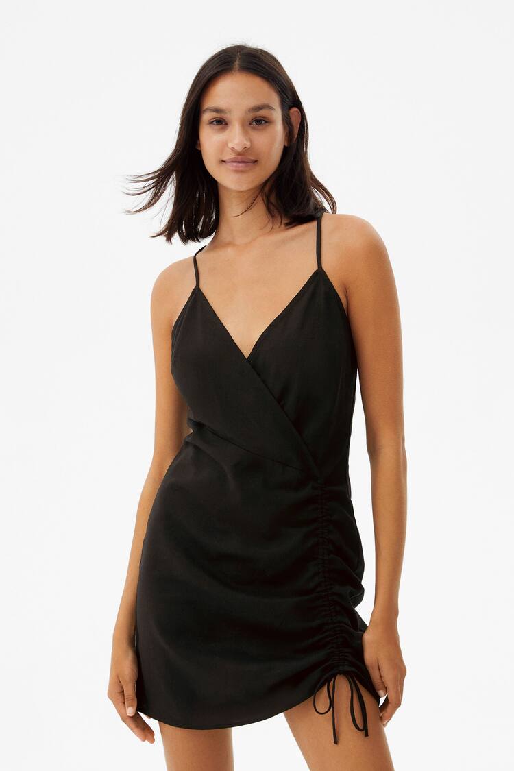 Strappy linen blend mini dress with ruched detail on the side