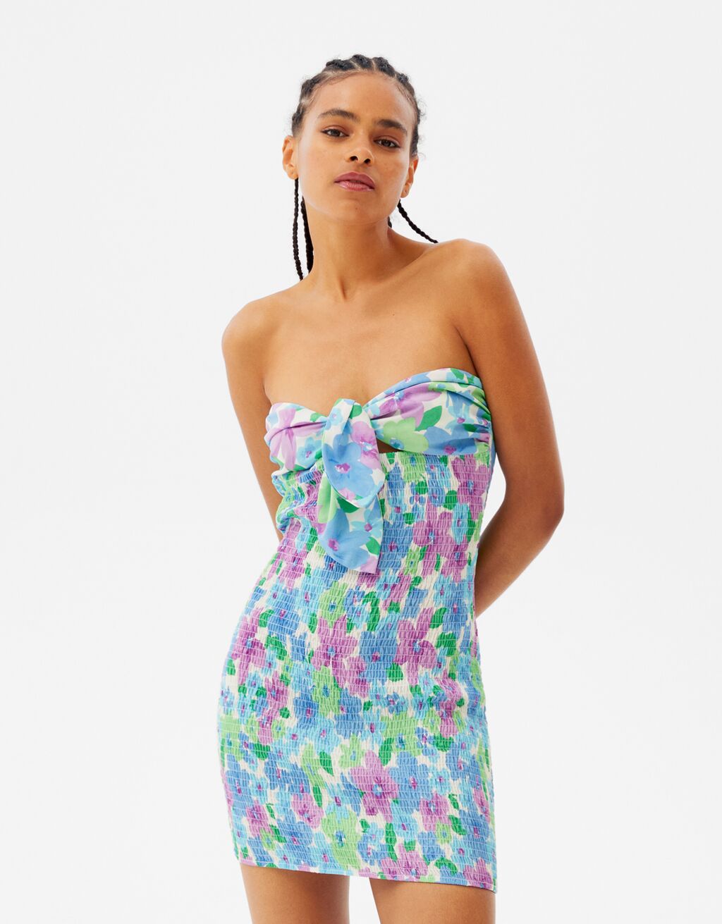 Floral print rubberized-finish dress with bow