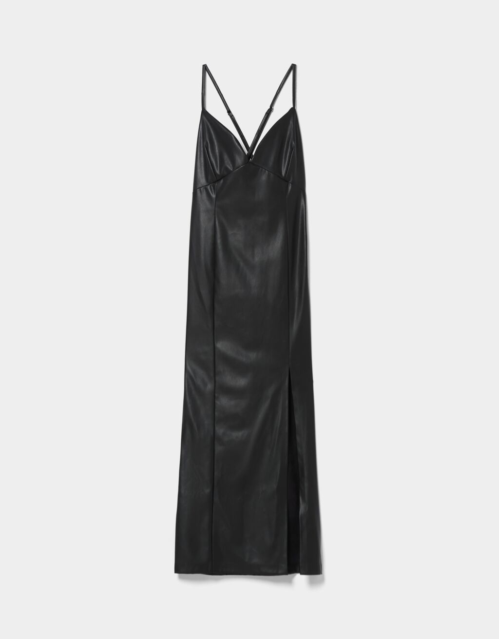 Long strappy faux leather dress with side slit