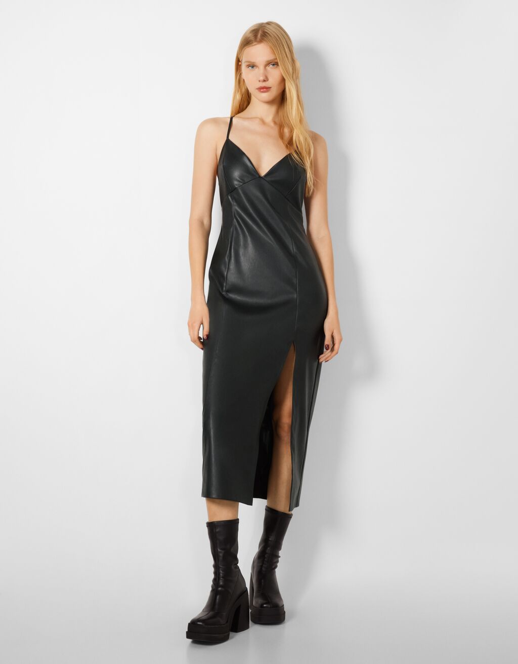 Long strappy faux leather dress with side slit
