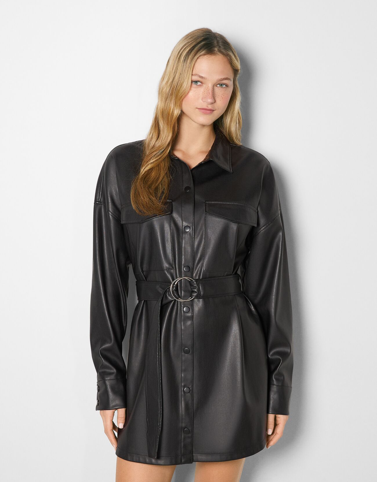 Long sleeve faux leather shirt dress 