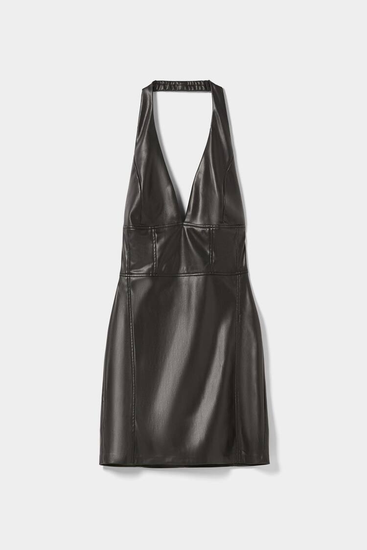 Faux leather mini dress with a halterneck and corset detail