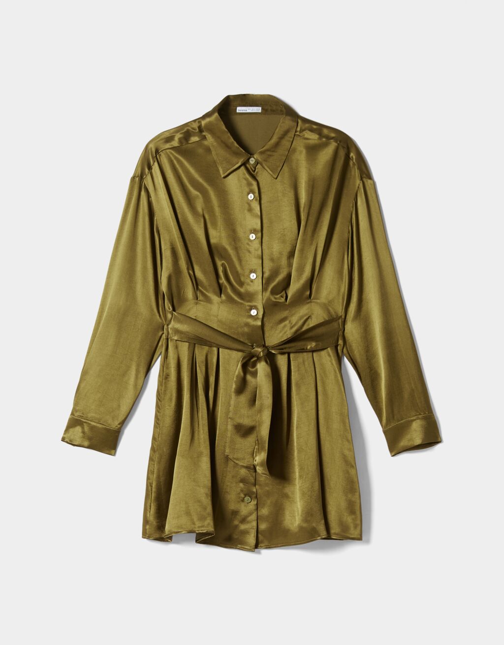 Mini satin shirt dress with darts and belt Woman Bershka