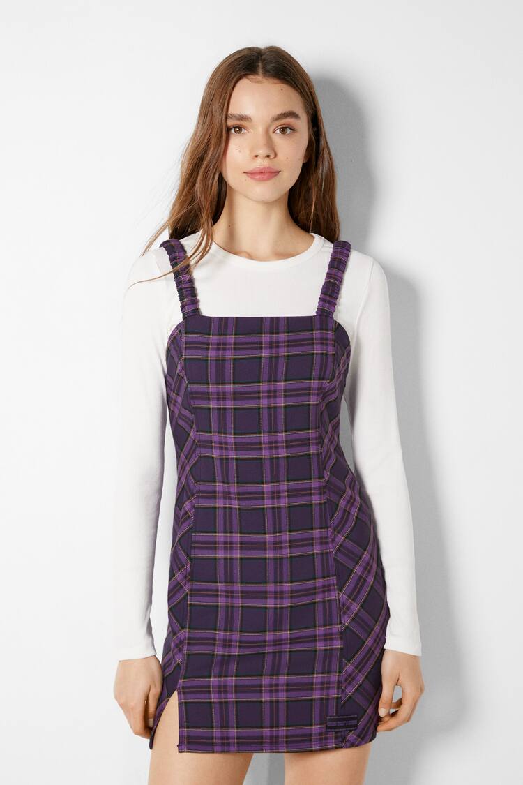 Short fitted check pinafore dress