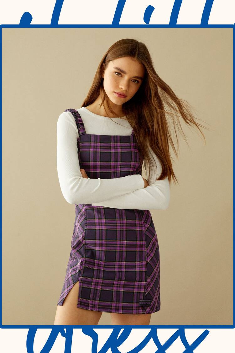 Short fitted check pinafore dress