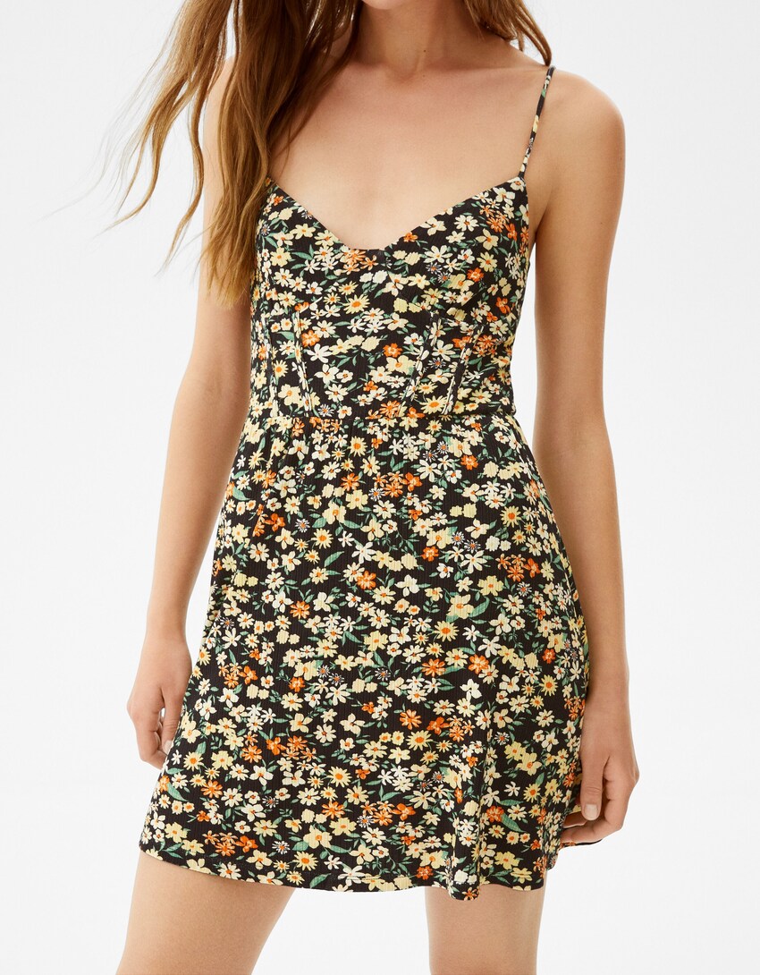 Printed Strappy Mini Dress Woman Bershka