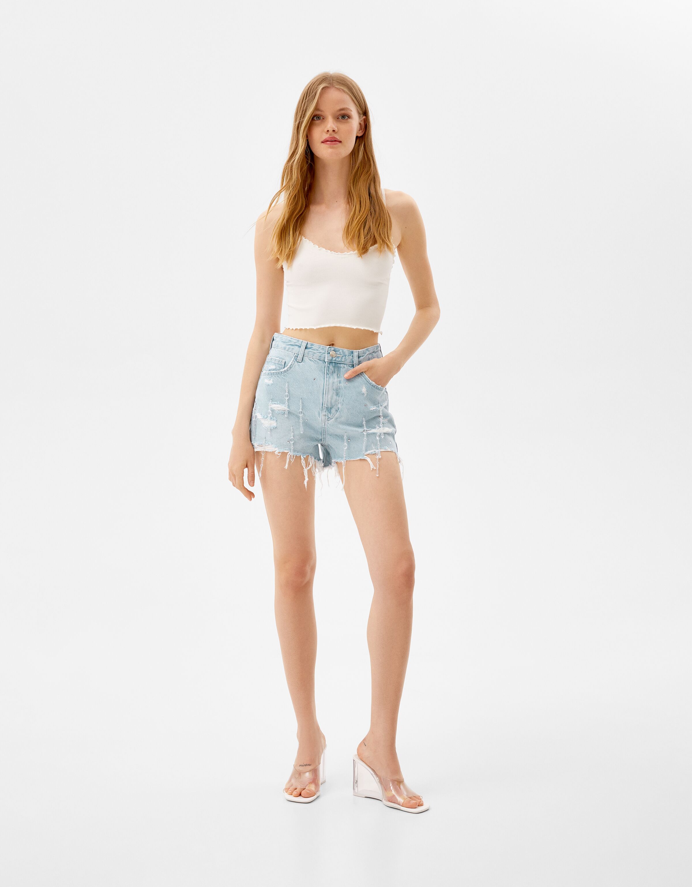 Denim shorts with rhinestone butterfly 