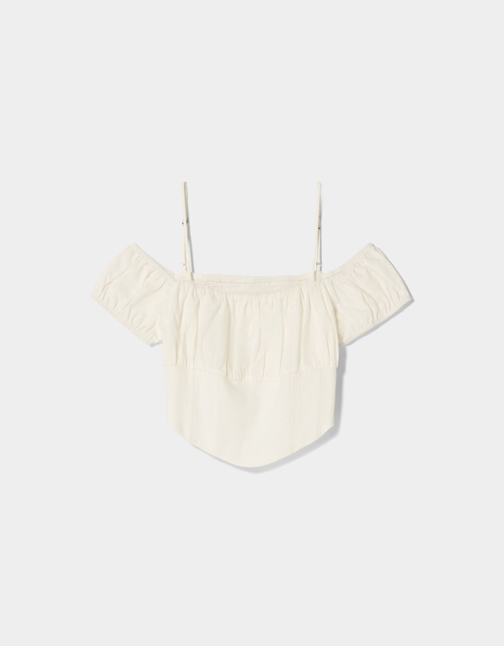 Strappy corset-effect linen top with gathered neckline