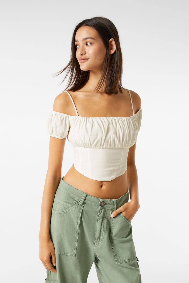 Strappy corset-effect linen top with gathered neckline