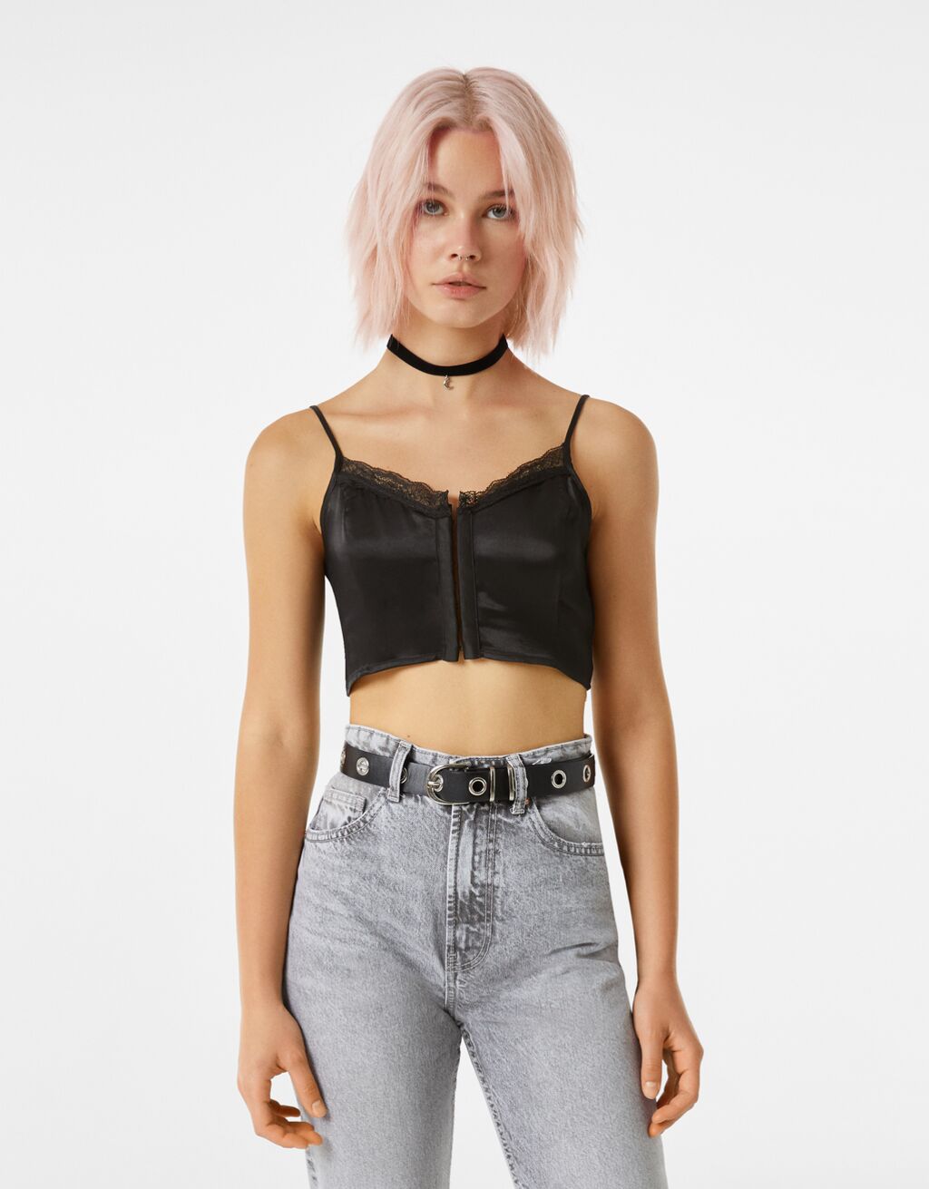 Satin finish crop top with blonde lace detail