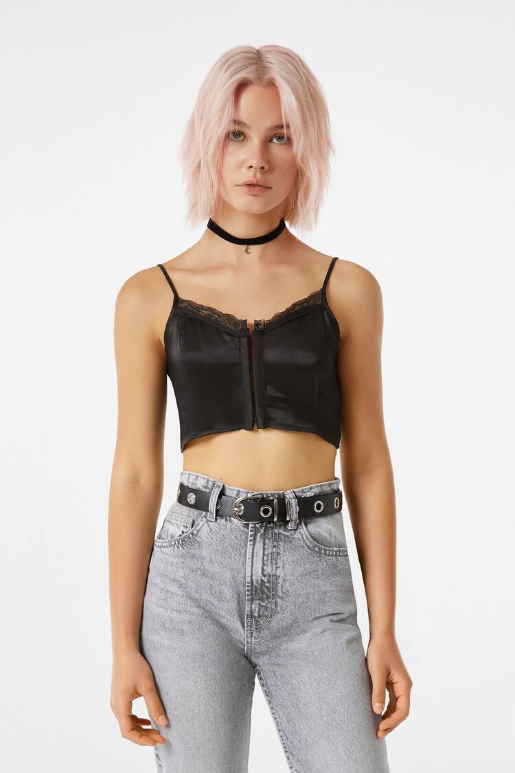 Satin crop top with blonde lace detail