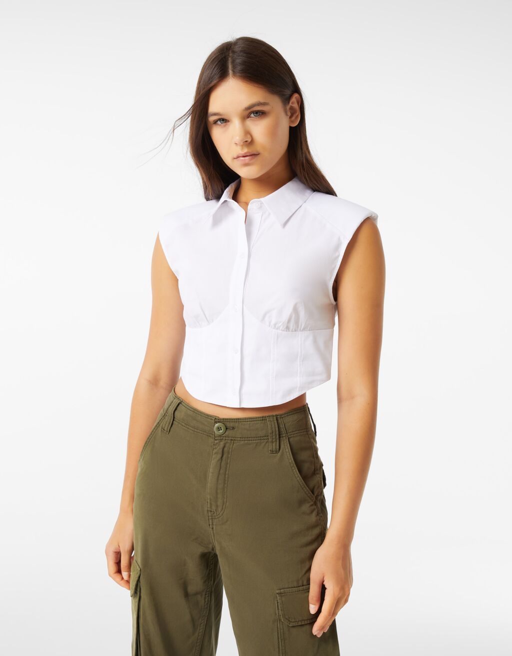Sleeveless poplin corsetry-inspired shirt with shoulder pads