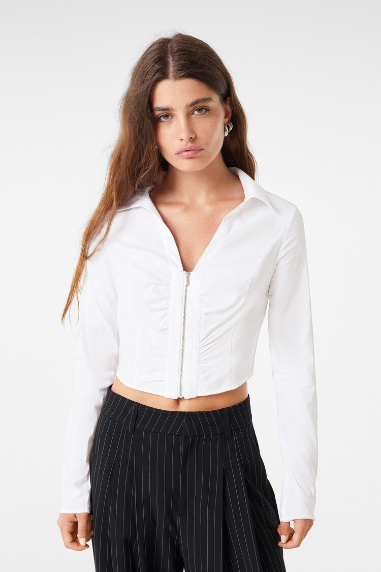 Long sleeve fitted poplin shirt with zip